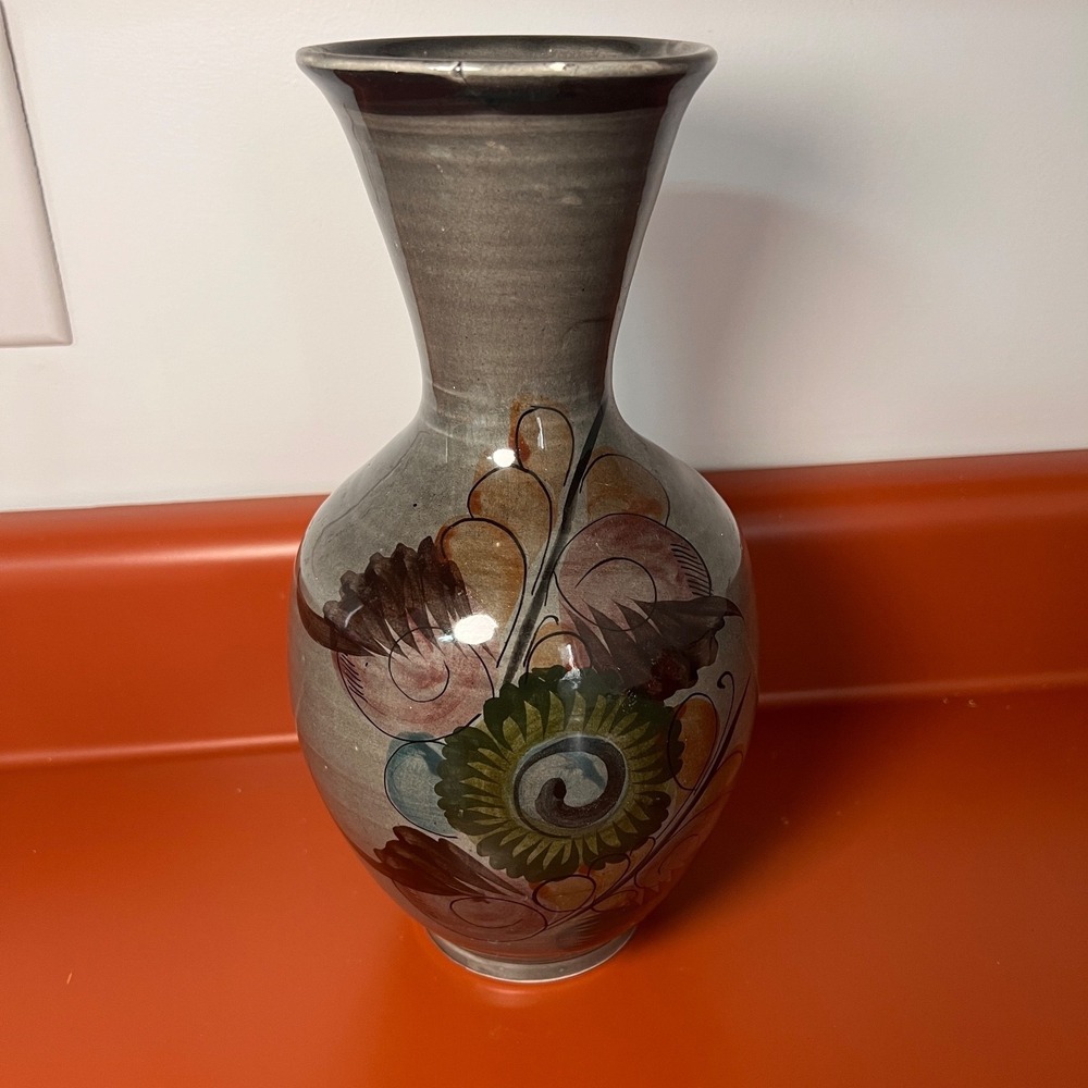 Mexican Folk Art Pottery Tonala Hand Painted Floral Grey Vase 10.5" Tall signed